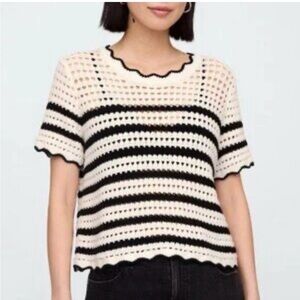 GAP Cream Black Stripe Scalloped Hem Crochet Open Knit Top with Black Trim XL